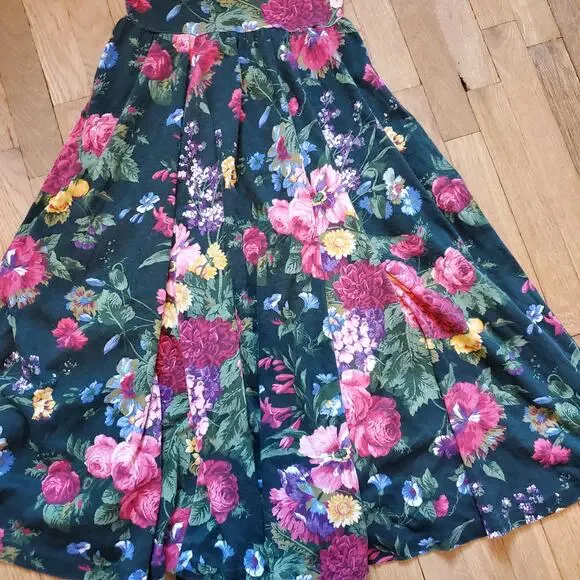 Vintage 80's Forest Green Floral A Line Fit and Flare Half Sleeve Midi Dress - Picture 11 of 12